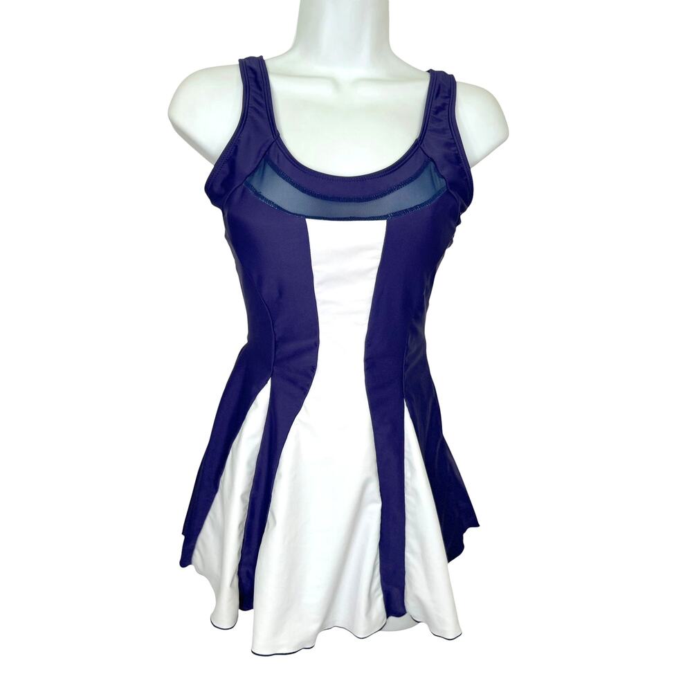 Sheshow Blue White Color Block Mesh Neck One-Piece Slimming Swimsuit Dress
